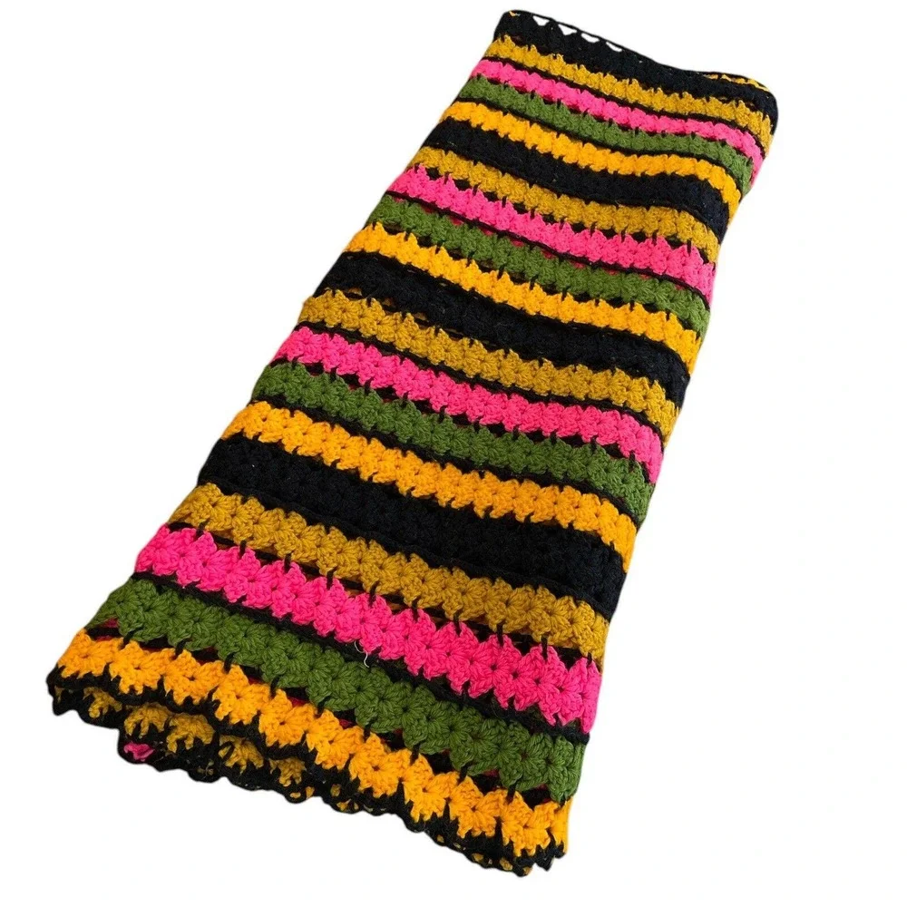 Vintage Handmade Crochet Striped Afghan Retro‎ Boho Sofa Throw Blanket